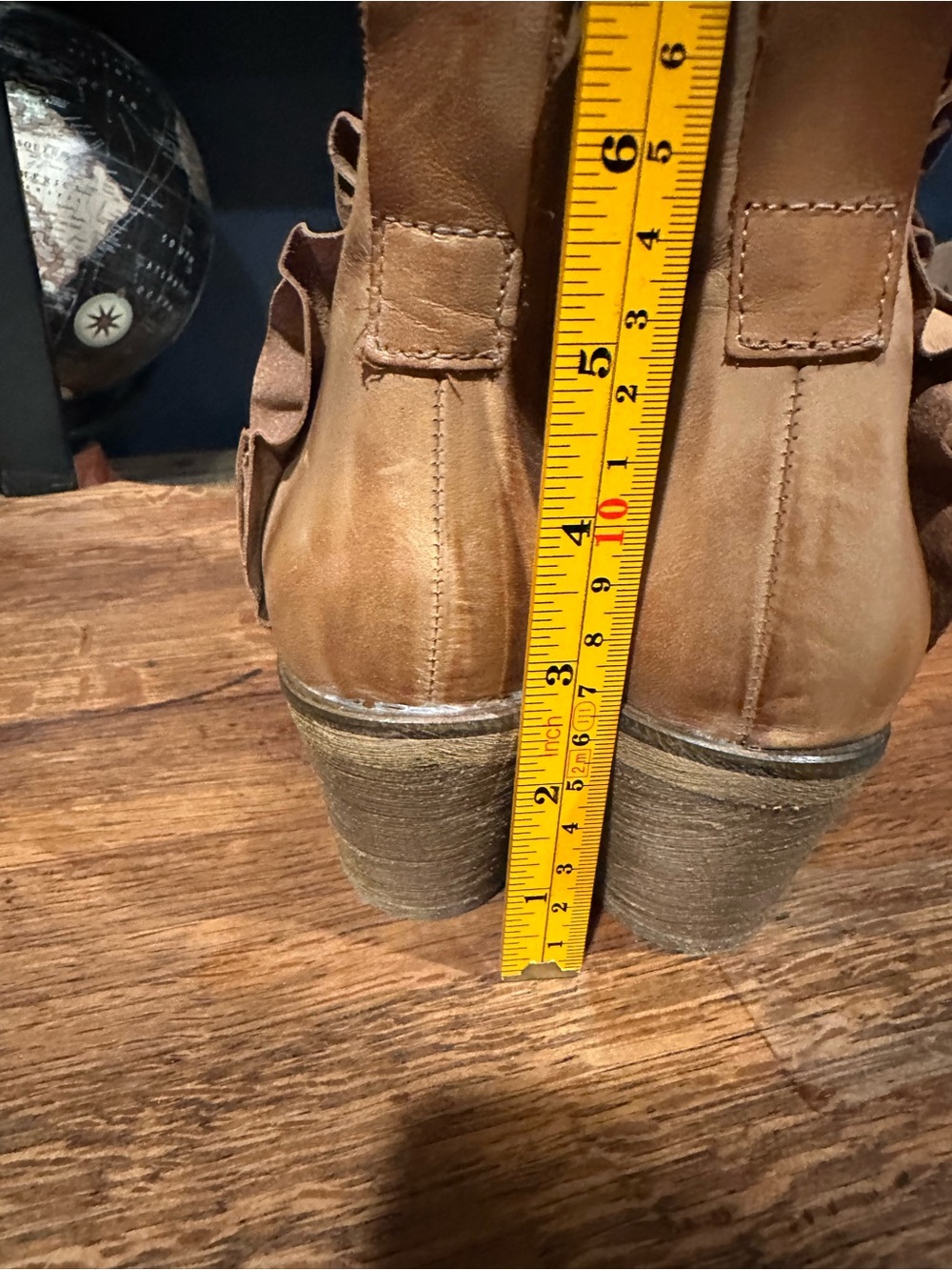 Women's Tan Leather Ankle Booties with Ruffle Side Detail - Picture 7 of 8